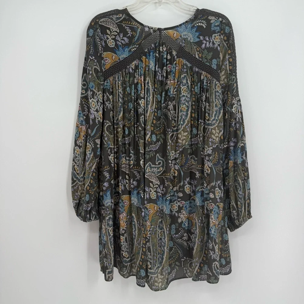 Free People Rain or Shine Dress S Paisley Floral Lace Up Tunic Gray Long Sleeve
